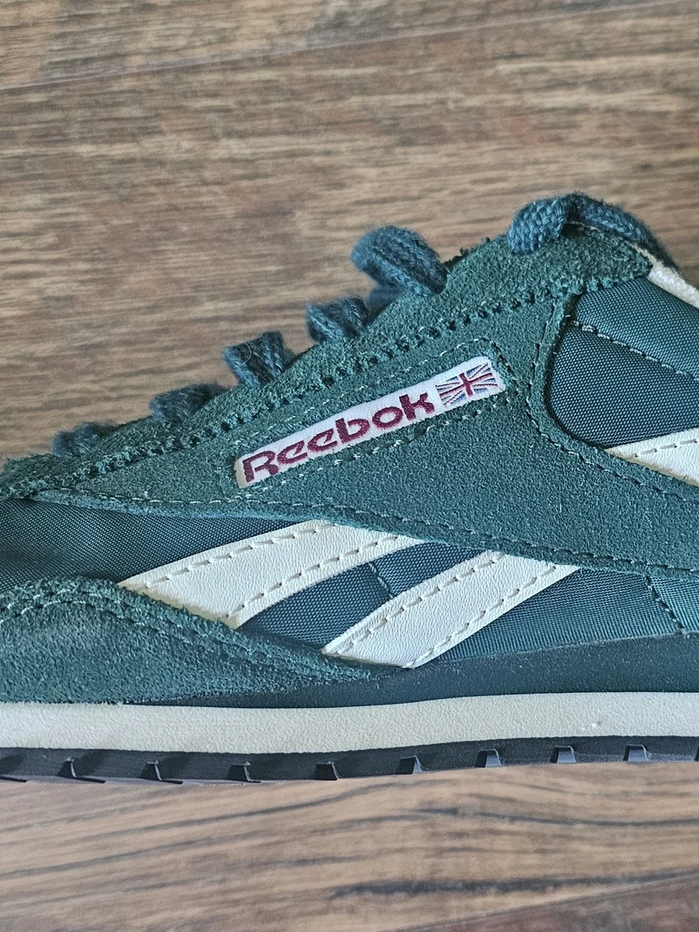 Reebok Green and White Sneaker with Maroon Logo Text